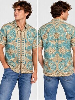 Vtg 90s Point Zero Concept Baroque Shirt M Greek Mythology Medallion Turquoise